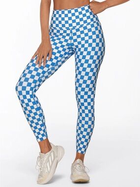 Lorna Jane Speedway Excel Ankle Biter Leggings Blue & White Checkerboard size S